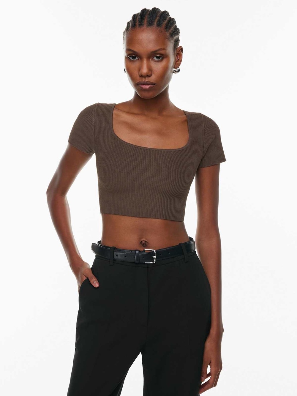 Aritzia Ribbed Square-Neck Cropped Top - Brown